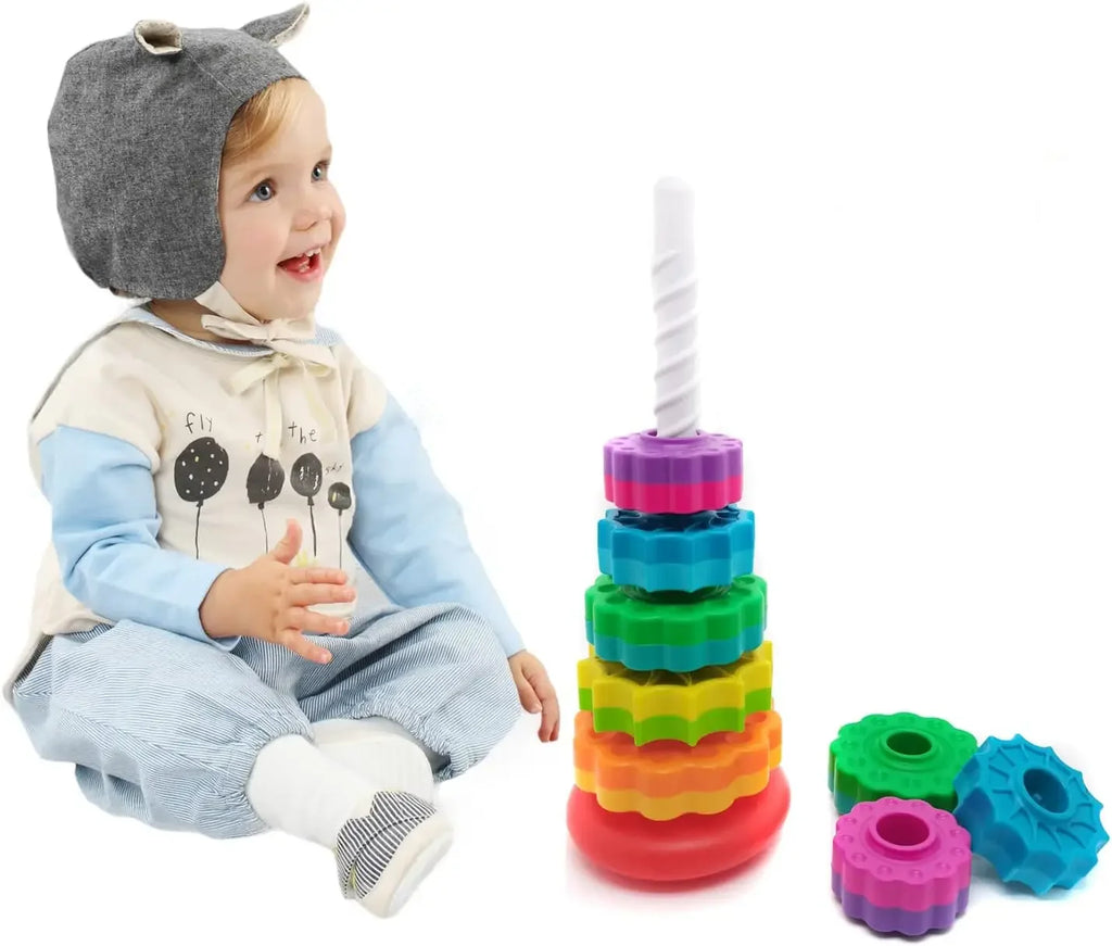 Montessori Rotating Rainbow Tower Baby Stacking Puzzle Toys Safety and Environmental Protection Colored Children's Toys Boy Girl Qme