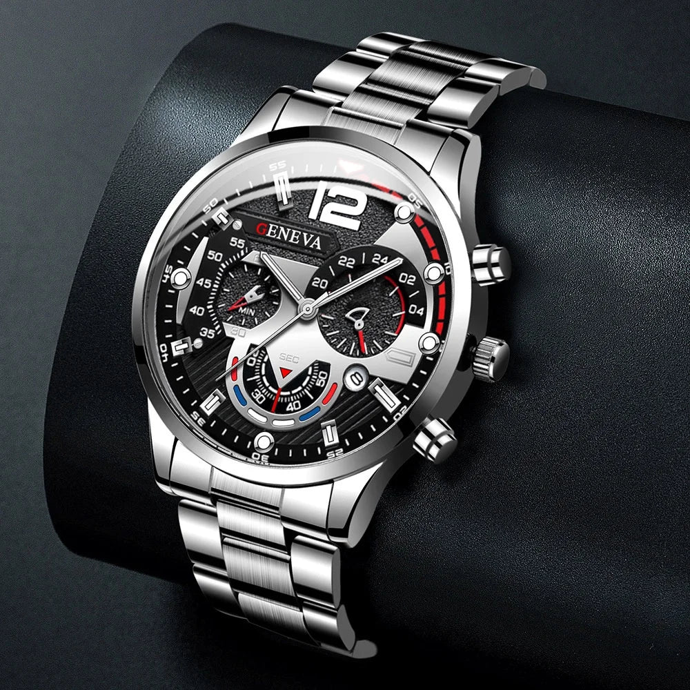 3/4 piece fashionable men's steel strip business quartz watch silver jewelry set (excluding gift box) Qme