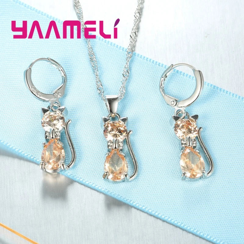 Real 925 Sterling Silver Color Jewelry Sets for Woman Girls Shining Austrian Crystal Cute Cat Pendant Necklace Huggie Earring Qme