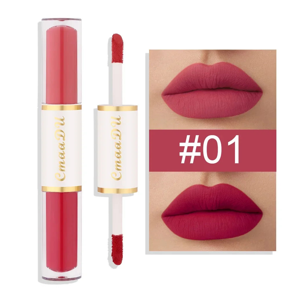 5 In 1 Matte Lipstick Kit Combo Strip Velvet Sexy Red Lip Tint Non-stick Cup Lip Gloss Lip Oil Makeup Lips Cosmetic Set Qme Double-head 01