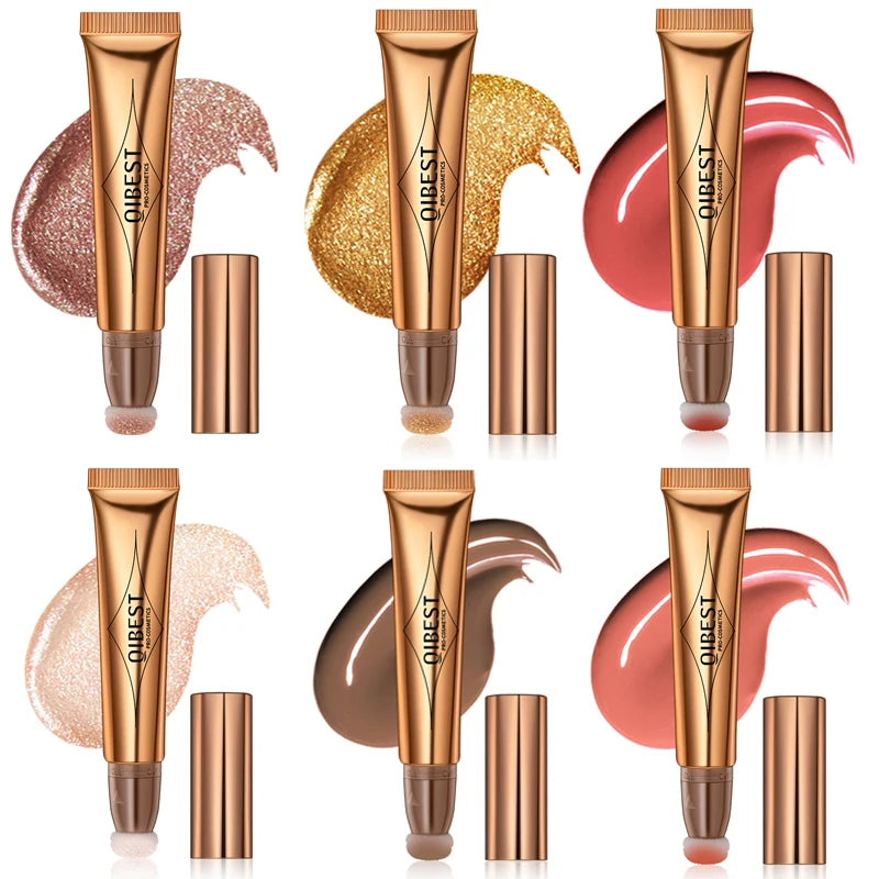 QIBEST Liquid Contour With Cushion Applicator Highlight Shimmer Natural Soft Moisturizing Cream Liquid Blush For Cheek Cosmetics Qme