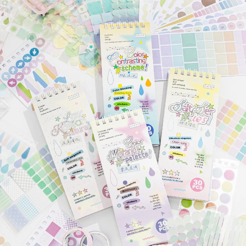 TIANZI 30 Sheets Colorful Dot Die Cut Stickers Book Cartoon Decorative Handmade Scrapbooking Diary Japanese Stationery Supplies Qme ABCD