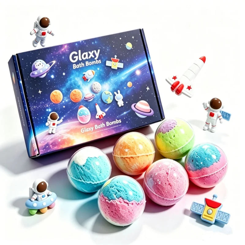 12pcs Kids Bath Bombs Set 60g Each with Surprise Toy Inside Natural Bubble Bath Fizzy Ball for Children Spa Bathtime Gift Qme outer space 60g