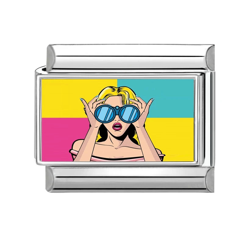 2026 Fashion Doodle Painting Beauty High-heel Swim Pool Beach Italian Charm Links Fit 9mm Bracelet Stainless Steel DIY Jewelrys Qme Style 4