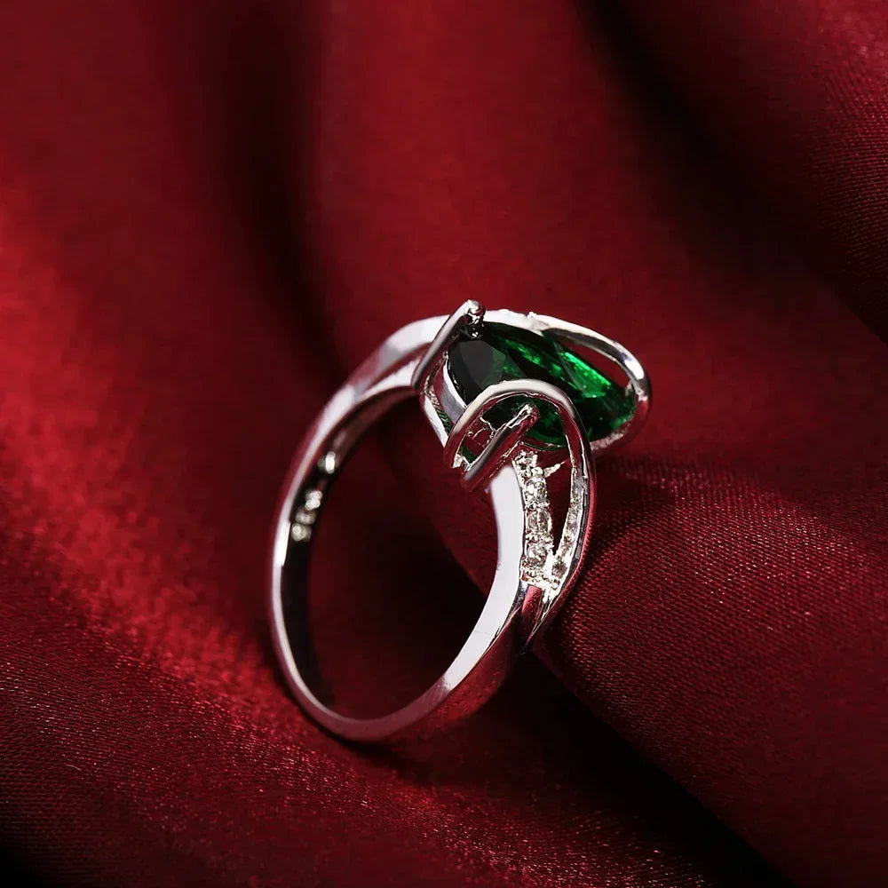 Hot Beautiful 925 Sterling Silver Charms Green Crystal Water Droplets Ring for Women Size 7 8 Fashion Anniversary Gift Jewelry Qme