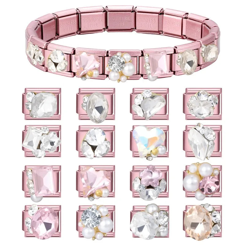 2025 New Sweet Zircon Bright Flowers Heart Bows Pink DIY Making Bracelet Women Men Stainless Steel 9mm Italian Charm Links Fit Qme