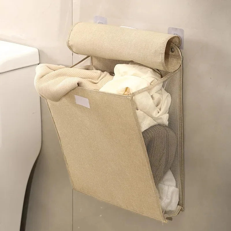 1pc Foldable Adhesive Laundry Basket Portable Laundry Basket Multifunctional Punch Free Wall Hanging Washing Clothes Mesh Hook Qme