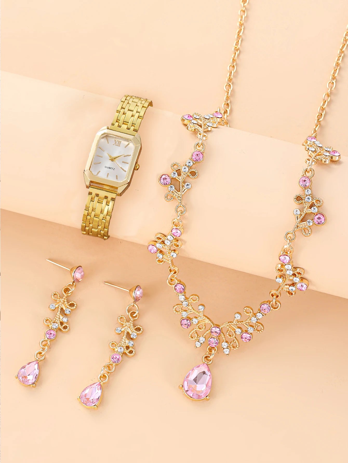 1pcs women's watch, female student fashion, simple square quartz watch+3 pcs oval gemstone flower set Qme Golden White Set
