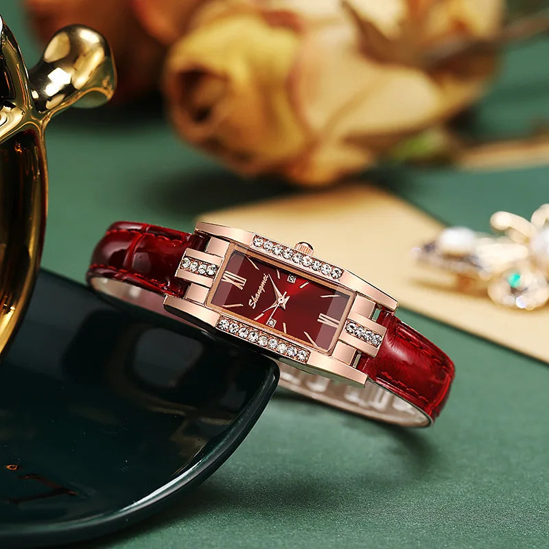 2 unidades/conjunto relógios femininos moda retângulo pulseira de couro relógio de quartzo (sem caixa) Qme Red