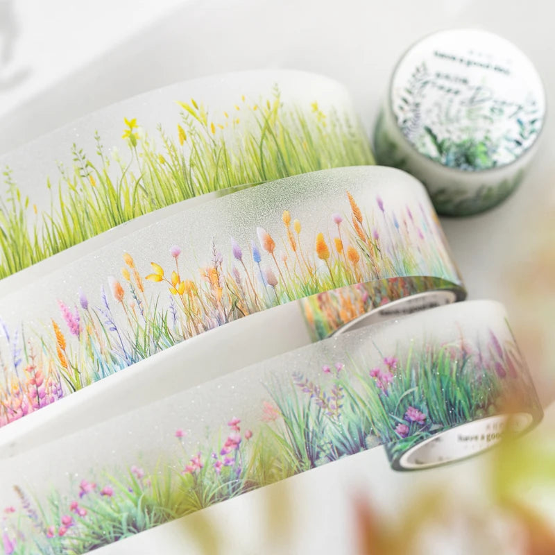2m/Roll Cute Green Grass Flowers PET Tape Paper Decorative Journaling Adhesive Masking Tape Scrapbooking Craft Diary Stationery Qme