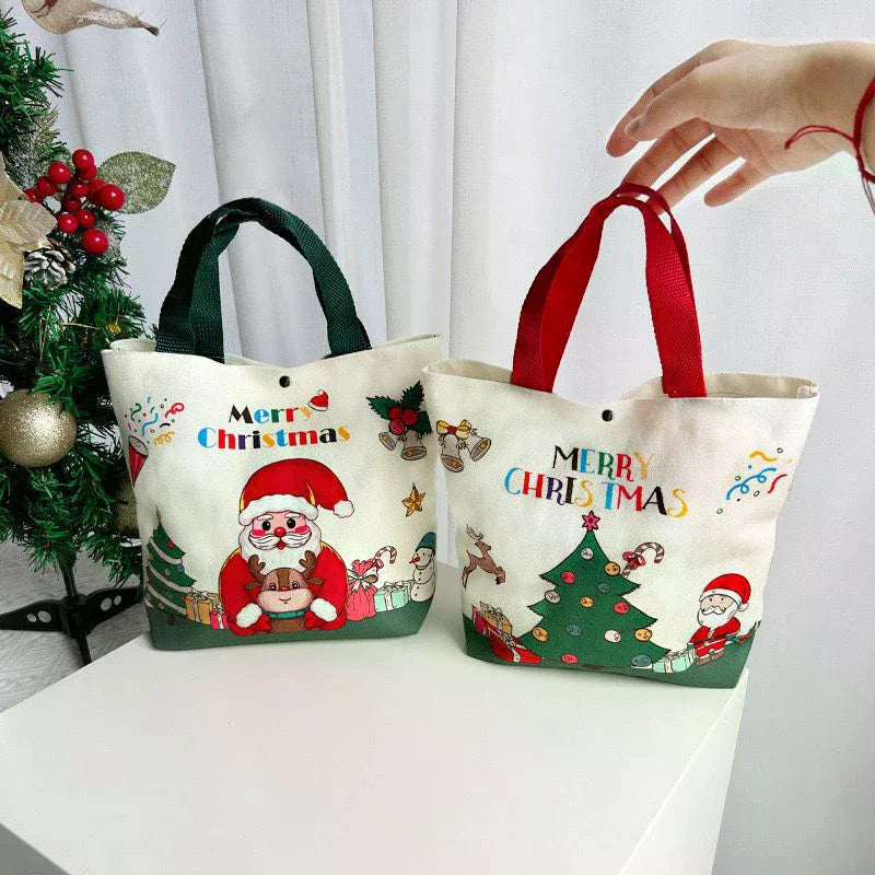 Christmas Gift Bags With Santa Claus Reindeer & Snowman Designs Durable Canvas Tote Bags Party Candy Bag Gift Bag Bulk Qme