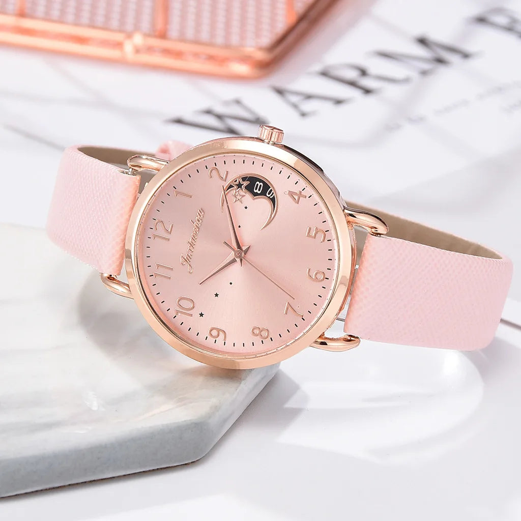 1-piece casual women's watch, moon digital dial, women's leather strap, quartz watch, women's watch Qme