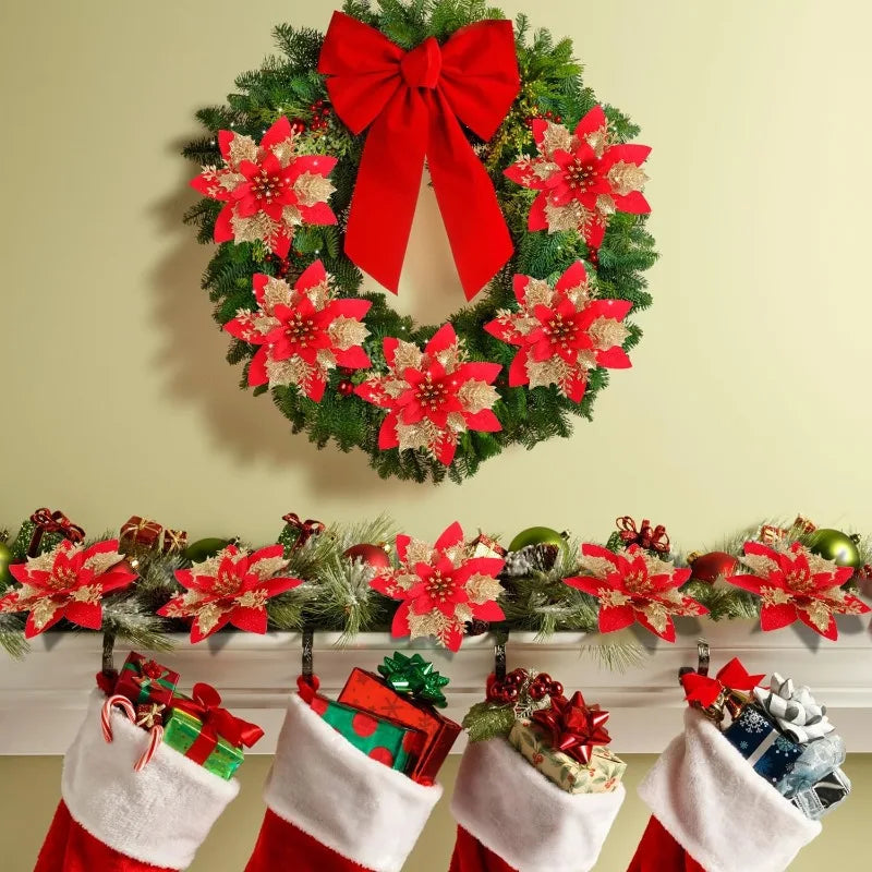 Christmas Red Gold Glitter Flowers Artificial Poinsettia Flower for Xmas Tree Ornaments Navidad New Year Party Home Decoration Qme