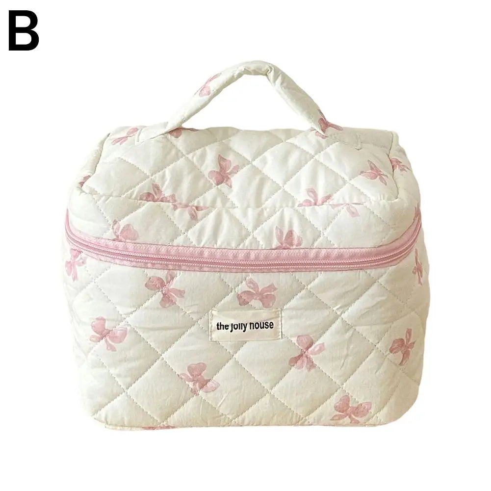 Quilted Makeup Bag 3 Sizes Floral Toiletry Cosmetic Pouch Organizer Qme pink-L