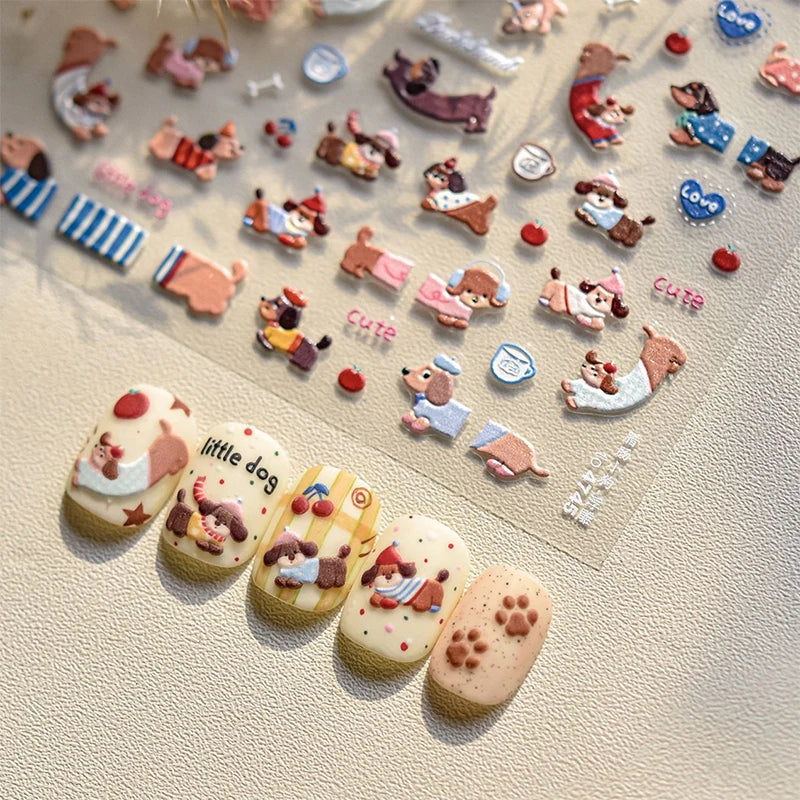Lovely Sausage Dog Nail Art Stickers Gifts Self Adhesive Cartoon Qme
