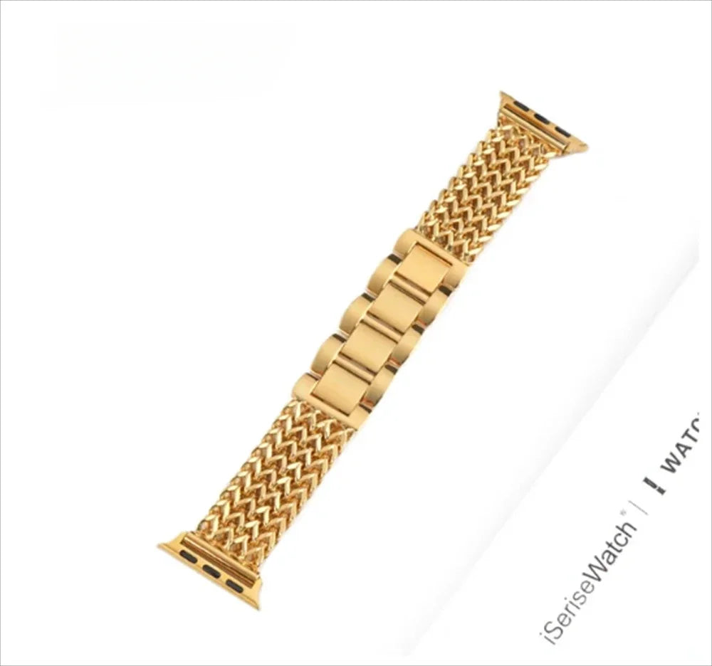 Luxury Stainless Steel Band For Apple Watch 9 8 7 6 SE 5 3 45/44/42/41mm Metal Braided Bracelet Correa iWatch Ultra 49mm 40 38mm Qme Gold 38mm 40mm 41mm