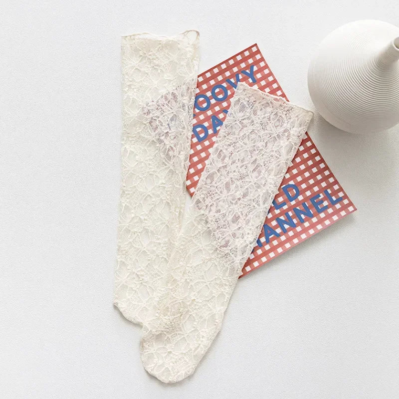 Women Kawaii Japanese Fashion Sock Retro Lace Floral Mesh Lolita Cute Qme Beige size eur 34-42