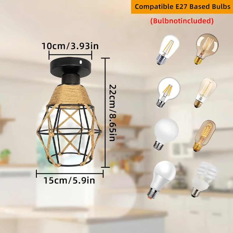 Ceiling Light E27 Iron Lamp Body Indoor Lighting Lights For Aisle Bedroom Vintage Ceiling Metal Cage Fixture Lights 110-240V Qme black