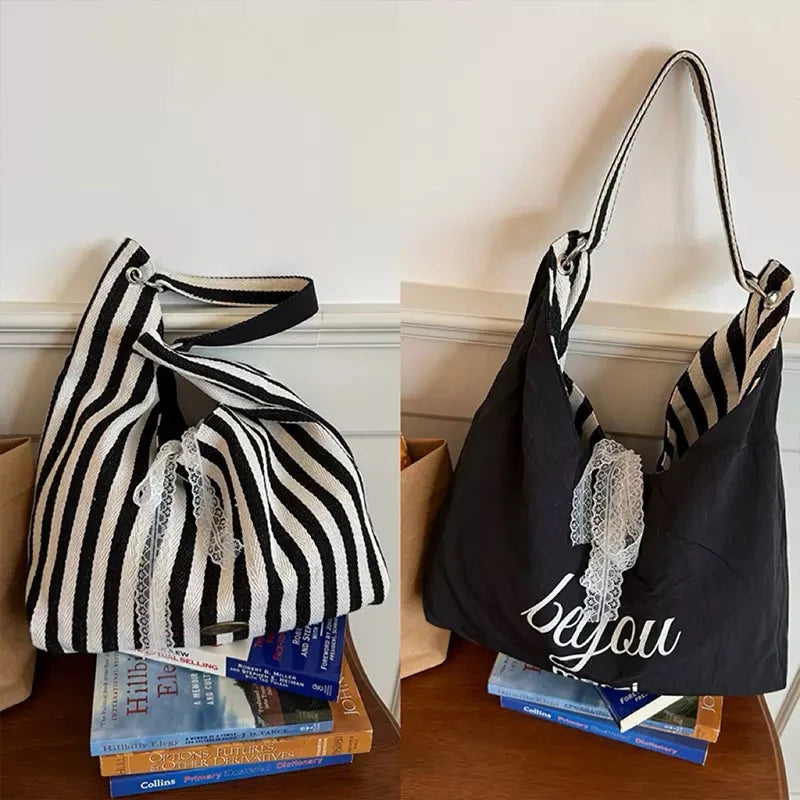 Stripe Hobo Bag Women Lace Bow Decor Canvas Tote Reversible Shoulder Qme Black one size