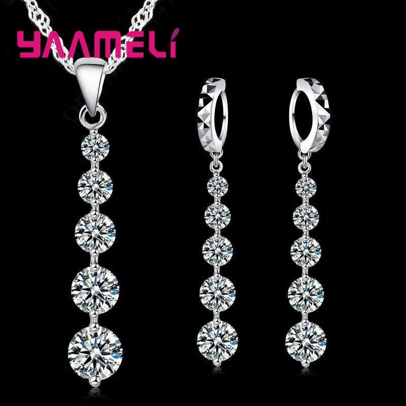 Long Drop Earrings Pendants Necklaces Set For Wedding Jewelry Women 925 Sterling Silver Color Crystal Wedding Jewellery Sets Qme Default Title