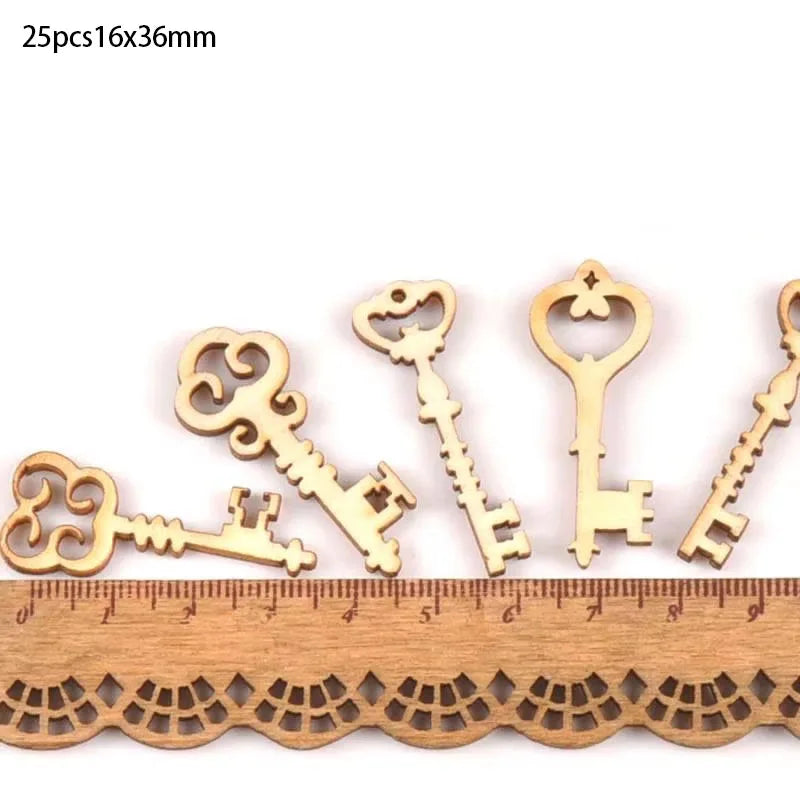 25Pcs Wooden Ornament Mixed Key Pattern DIY Crafts Home Decoration Scrapbooking Unfinished Wood Slices Accessories 16x36mm m1773 Qme