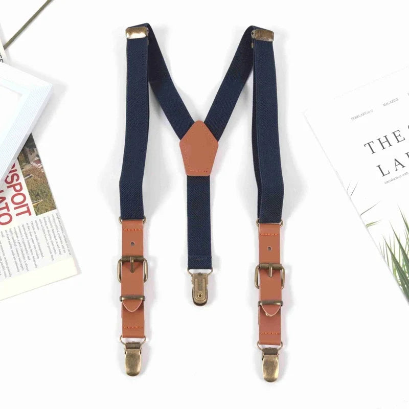 Kids Suspenders Tuxedo Y-back 3 Clips Adjustable Elastic Trouser Qme Navy Blue