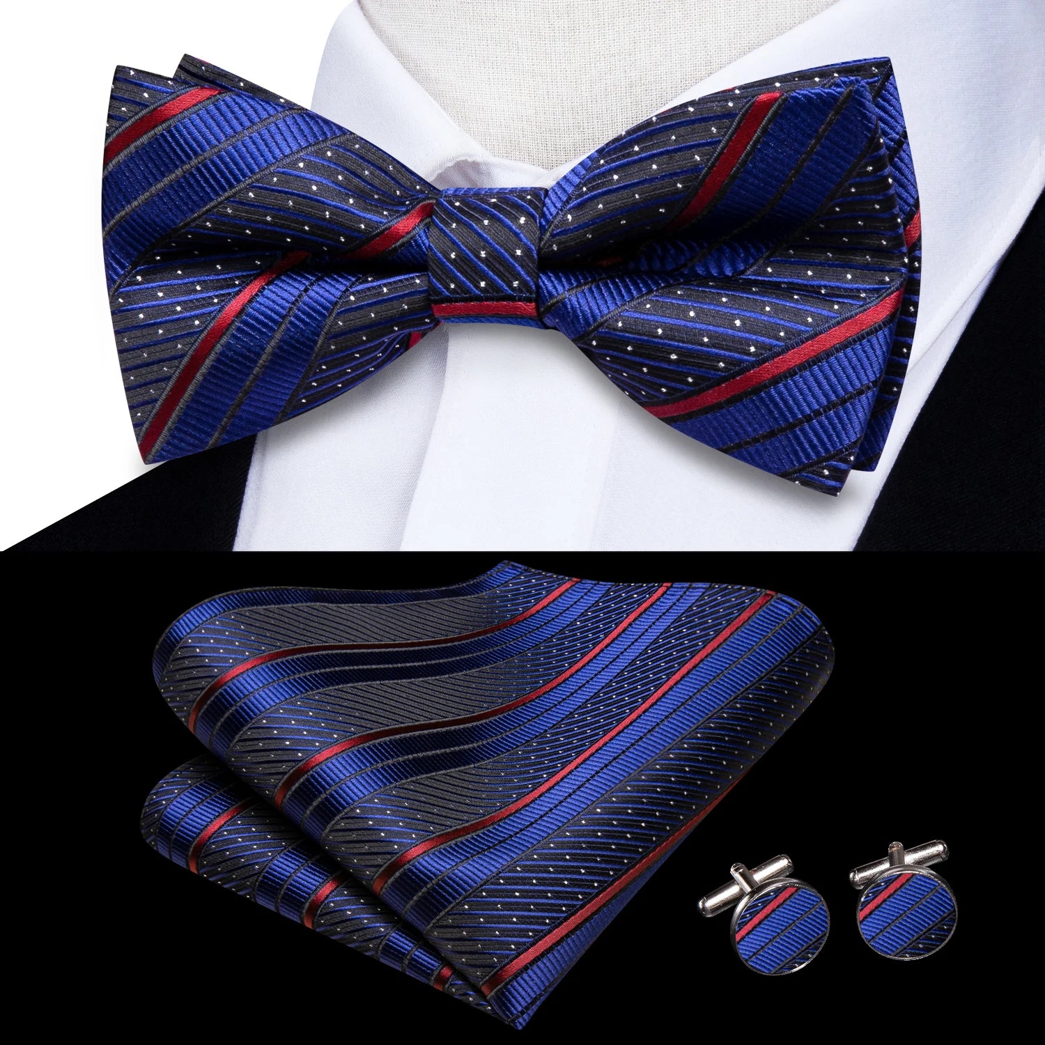 Hi-tie Pea Green Silk Mens Striped Pre-tied Bow Tie Hanky Cufflinks