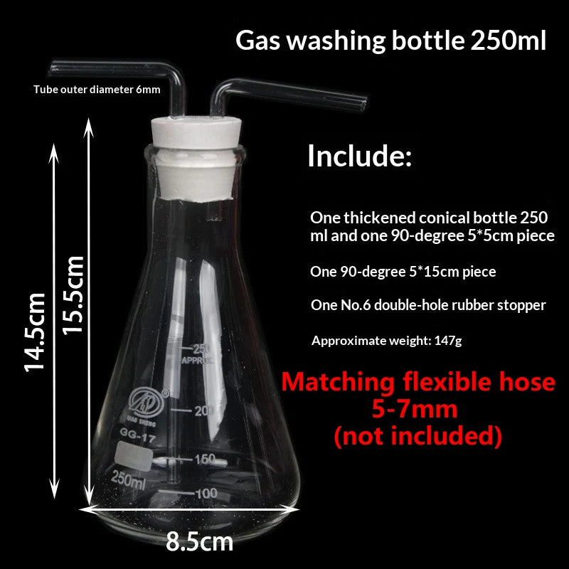 100-500mL Lab Gas Washing Bottle Triangular Conical Gas Collecting Bottle Vacuum Wash Bottle Glass Graduated Lab Buffer Bottle Qme