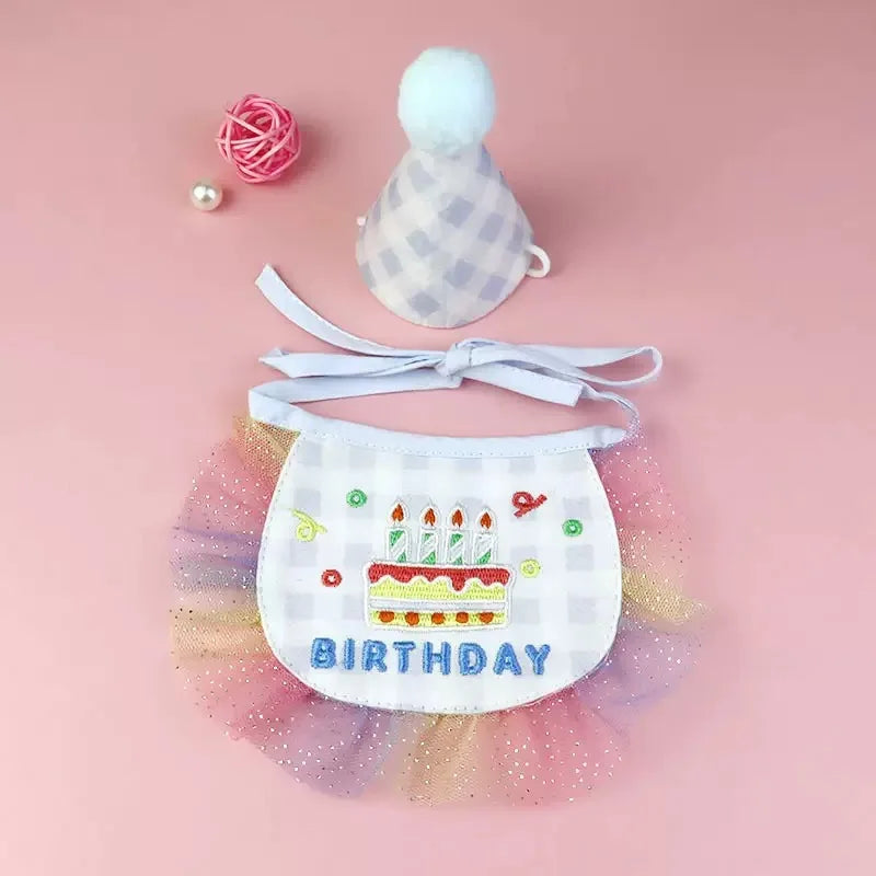 2-piece Pet Birthday Hat Scarf Set - Cute Embroidered Cat Headscarf - Checkered Pattern Lace Scarf Pet Party Supplies Decoration Qme Blue