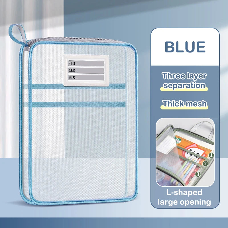 A4 Double-layer Mesh Zipper Bag Large Capacity Stationery Storage Qme 33CM blue