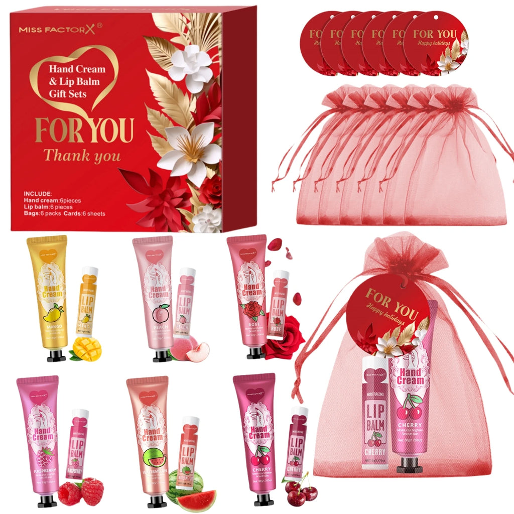 24PCS/box lip balm in bulk, hand cream in bulk thank you card and red gauze bag, wedding gift to guests, Christmas and New Year Qme
