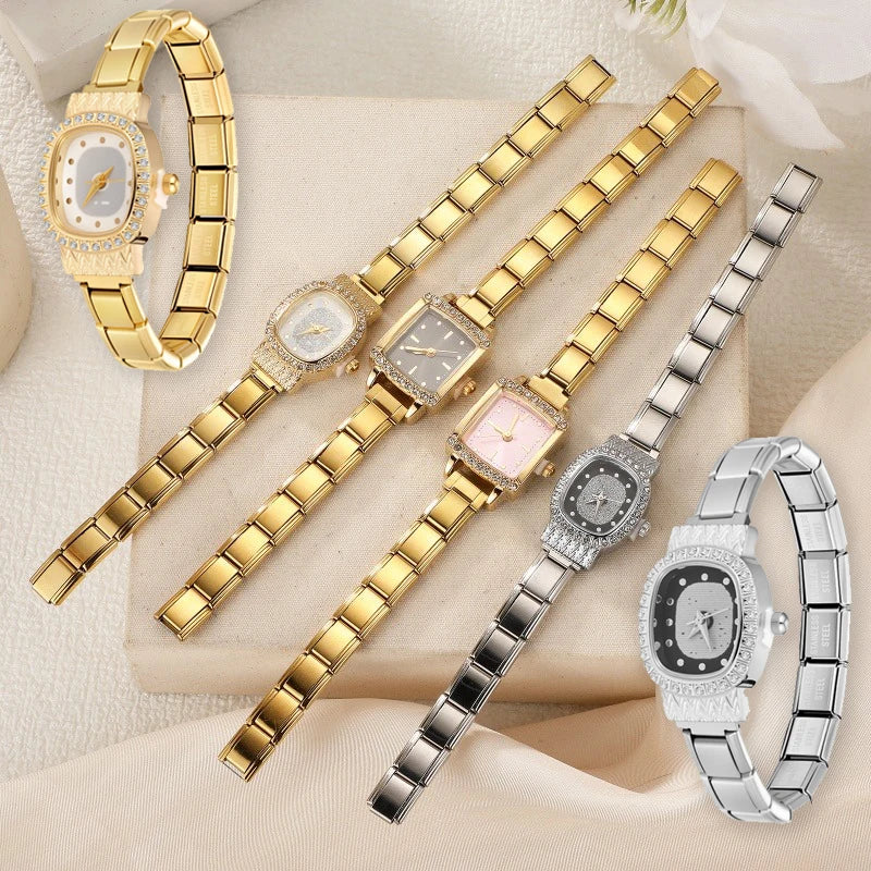 Women Men's DIY 9mm Width Italian Charm Golden Stainless Steel Square Zircon Watch Bracelet Head Unique Bangles Gift Wholesale Qme