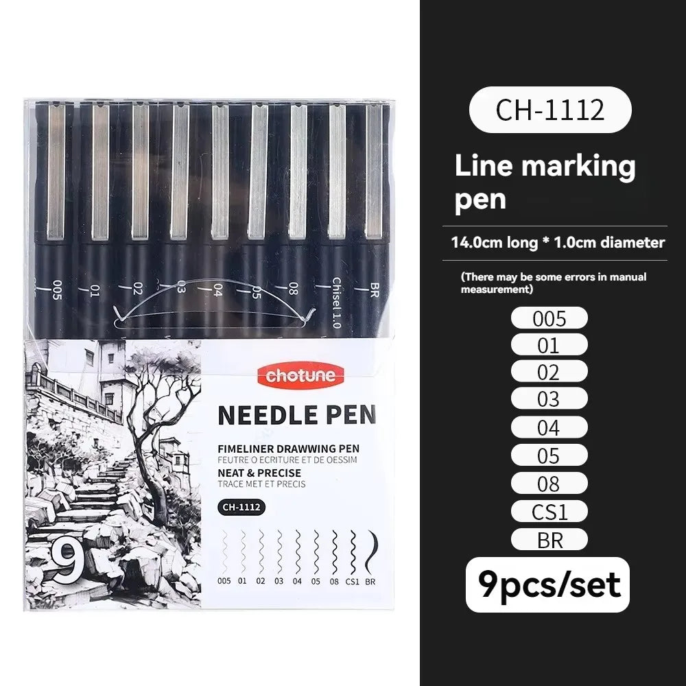 Black Micro Fine Pens,15 Sizes,Waterproof Archival Ink,Fine Tip Manga Markers for Artist Anime Sketch Technical Qme 9 Pcs Set