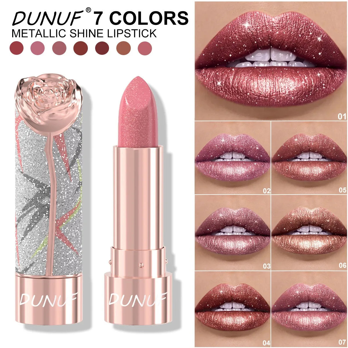 7 Colors Metallic Shimmer Lipstick, Gold Sparkle 3D Glitter Lip Makeup, High Pigment Velvet Matte Long Lasting Pearl Lipstick Qme