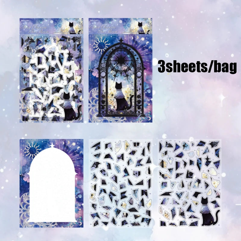 Gothic Dark Cat Theme Crystal PET Puzzle Stickers for DIY Crafts Scrapbooking Journal Phone Case Notebook Decoration Qme 3