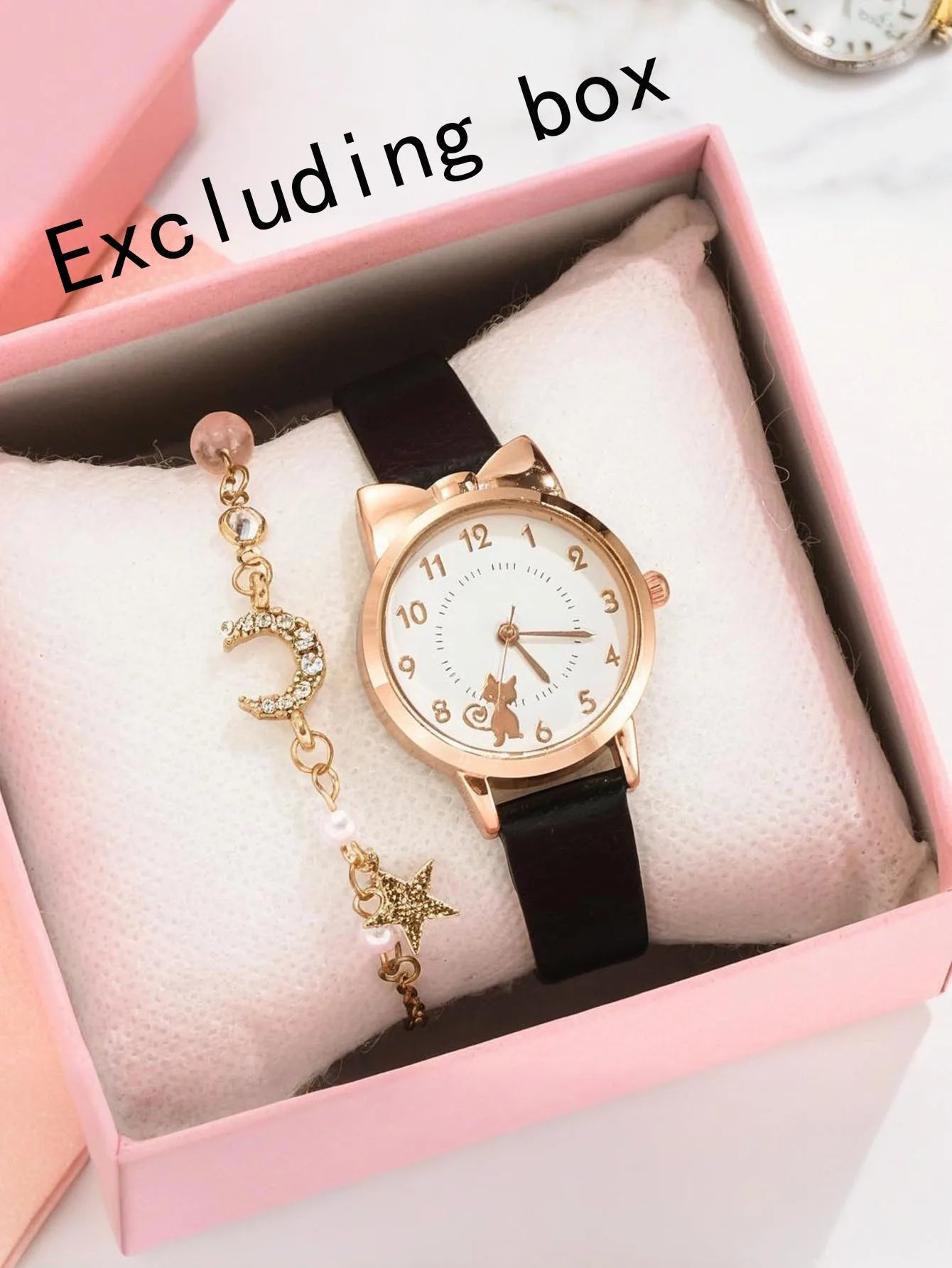 2-piece/set of ladies' fashionable watches with cat pattern PU and small scale, simple quartz watch set for students Qme black suit