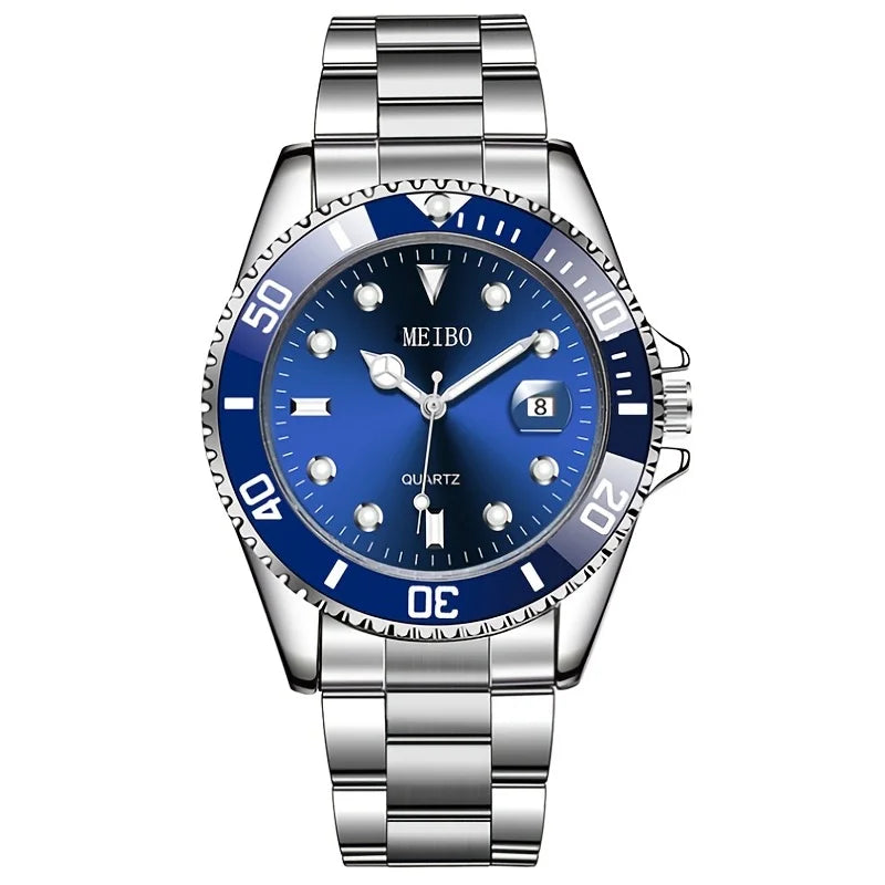 1pc Luxury Men Silver Stainless Steel Water Proof Automatic Luminous Bezel Mens Watches Qme