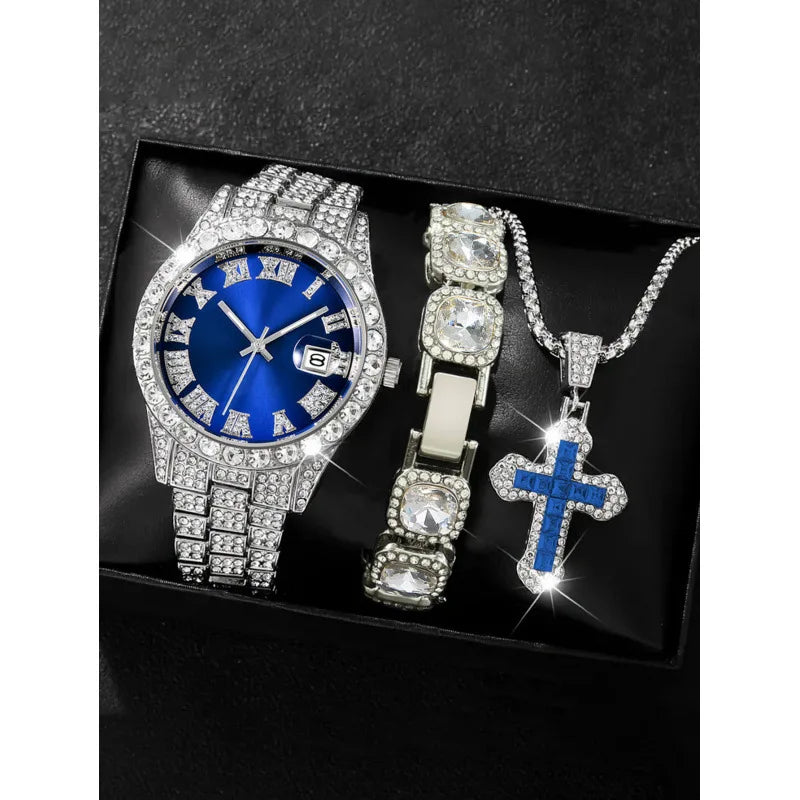 18 styles of hip-hop diamond studded quartz watches, sugar bracelets, cross necklaces, men's large dial set Qme YELLOW