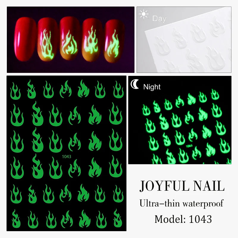 1 Sheet Glow Dark Nail Art Sticker Snowflake Flame Old English Qme 1043
