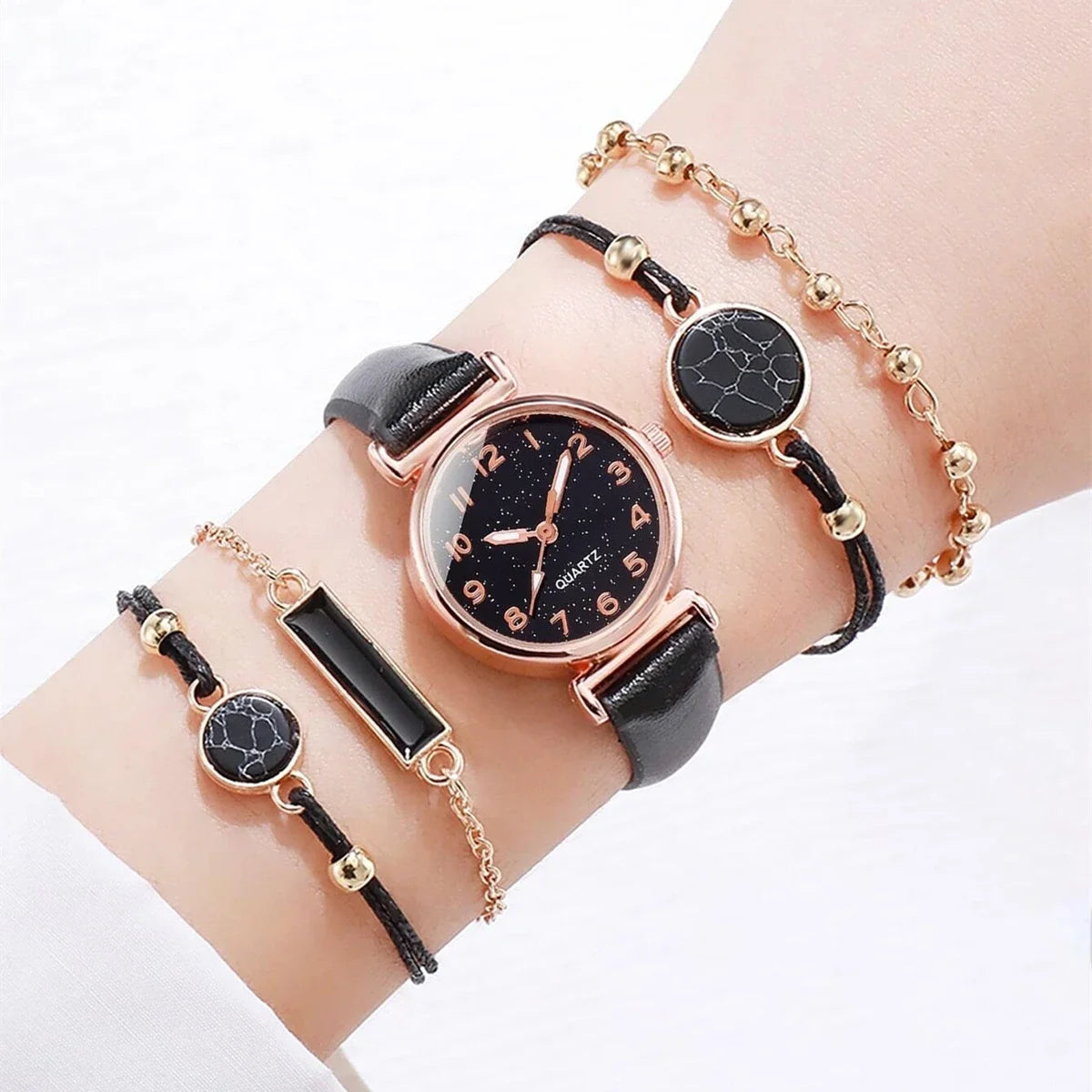 Relógio de quartzo feminino com mostrador céu estrelado, conjunto de pulseiras turquesa, pulseiras fashion, 5 peças Qme