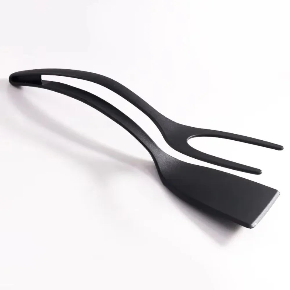 2-in-1 Silicone Egg Flipper Tongs Non-stick Spatula Fish French Toast Qme black