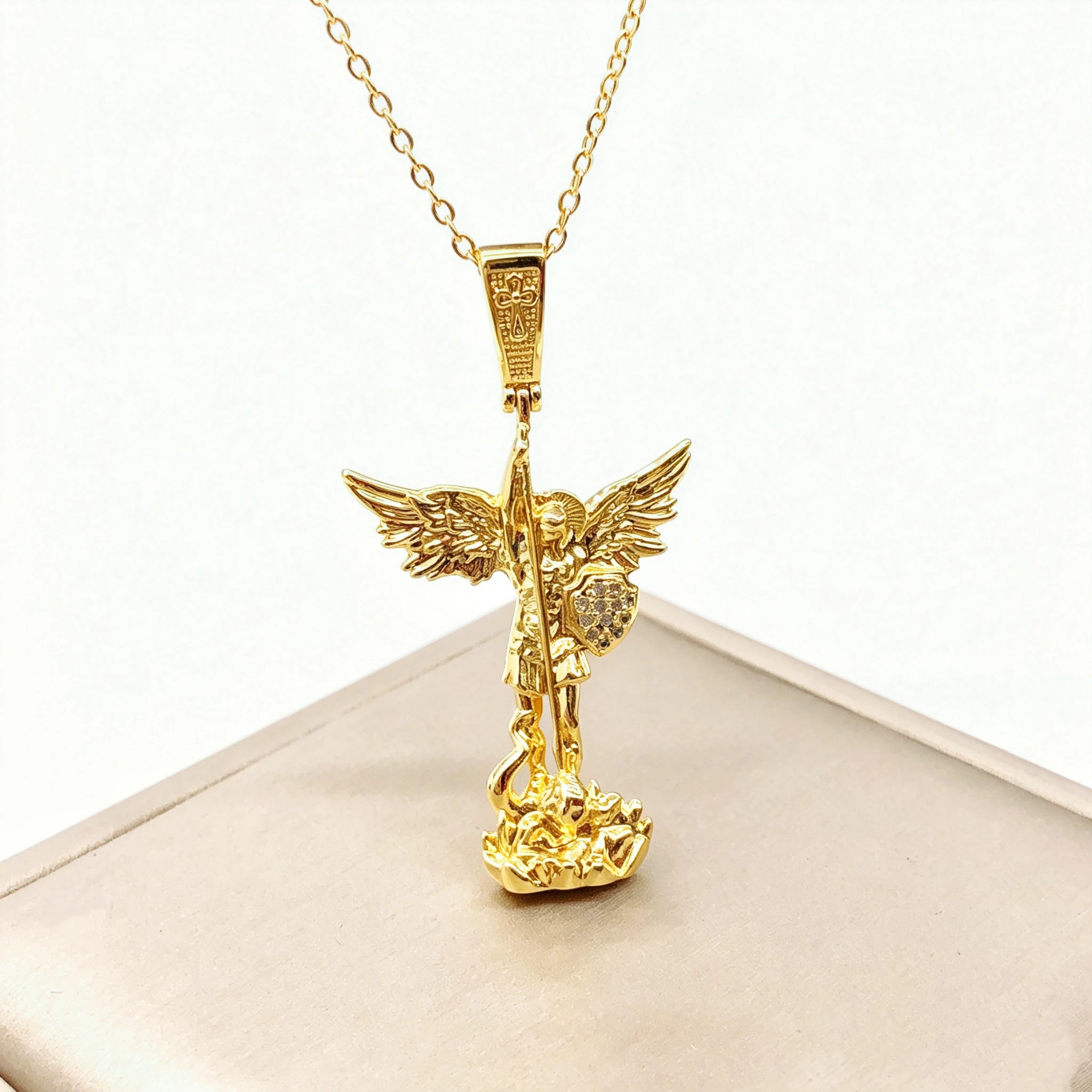 Classic Gold Rose Gold t St. Michael the Archangel Necklace Christian Faith Amulet Guardian Angel Zirconia Jewelry for Men Women Qme 4
