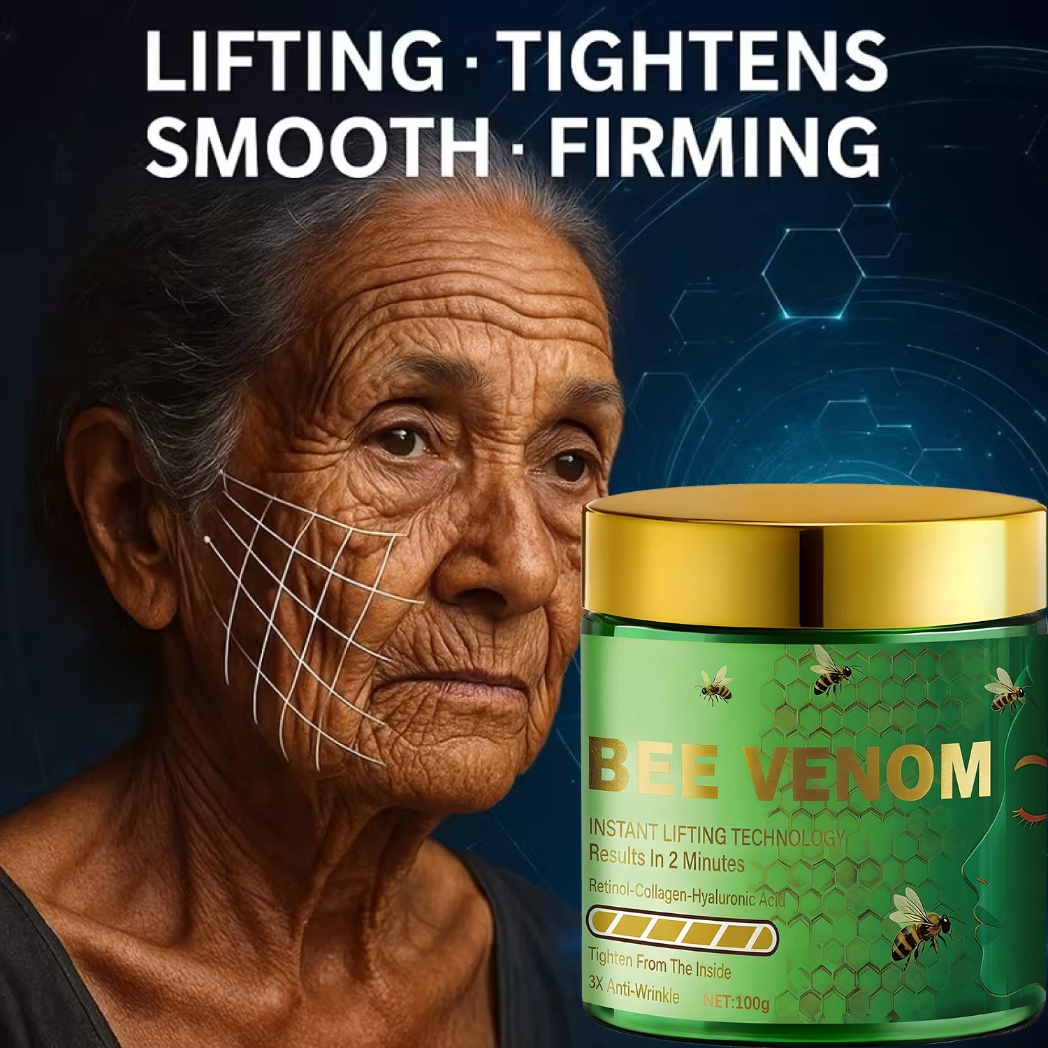Bee Venom Instant Lifting Cream - 3X Anti-Wrinkle & Tightening Results in 2 Minutes with Retinol & Collagen. Qme