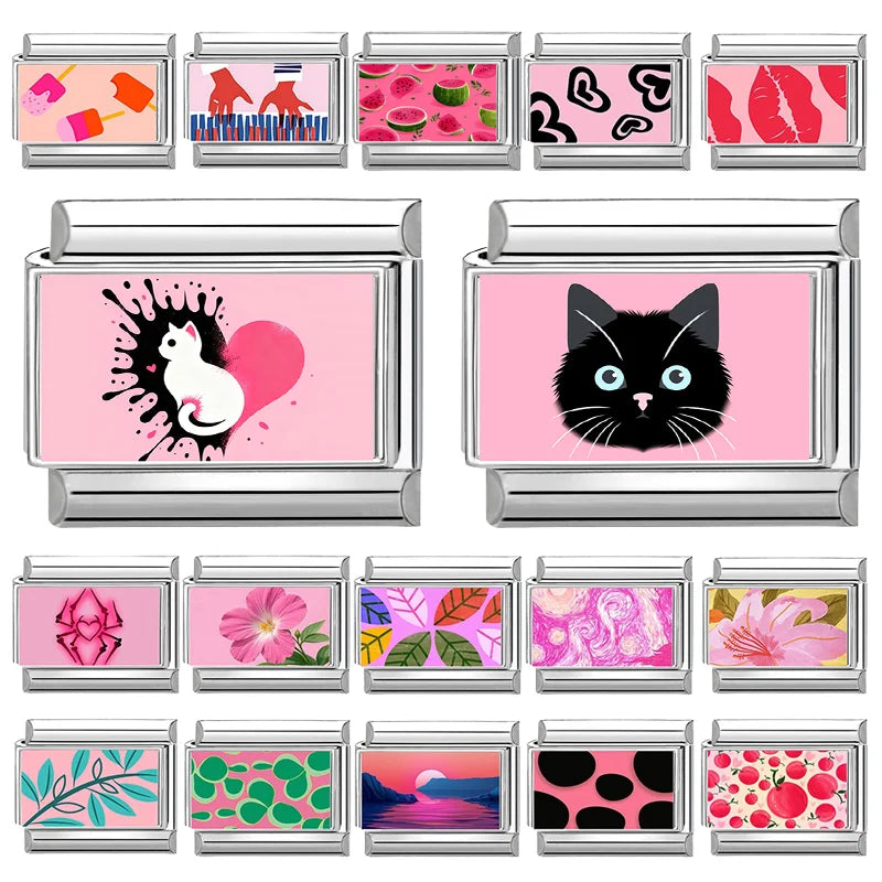 2026 New Original Splash-ink Love Heart Cat Pink Series Italian Link Fit 9mm Stainless Steel Bracelet Making DIY Charm Jewelry Qme