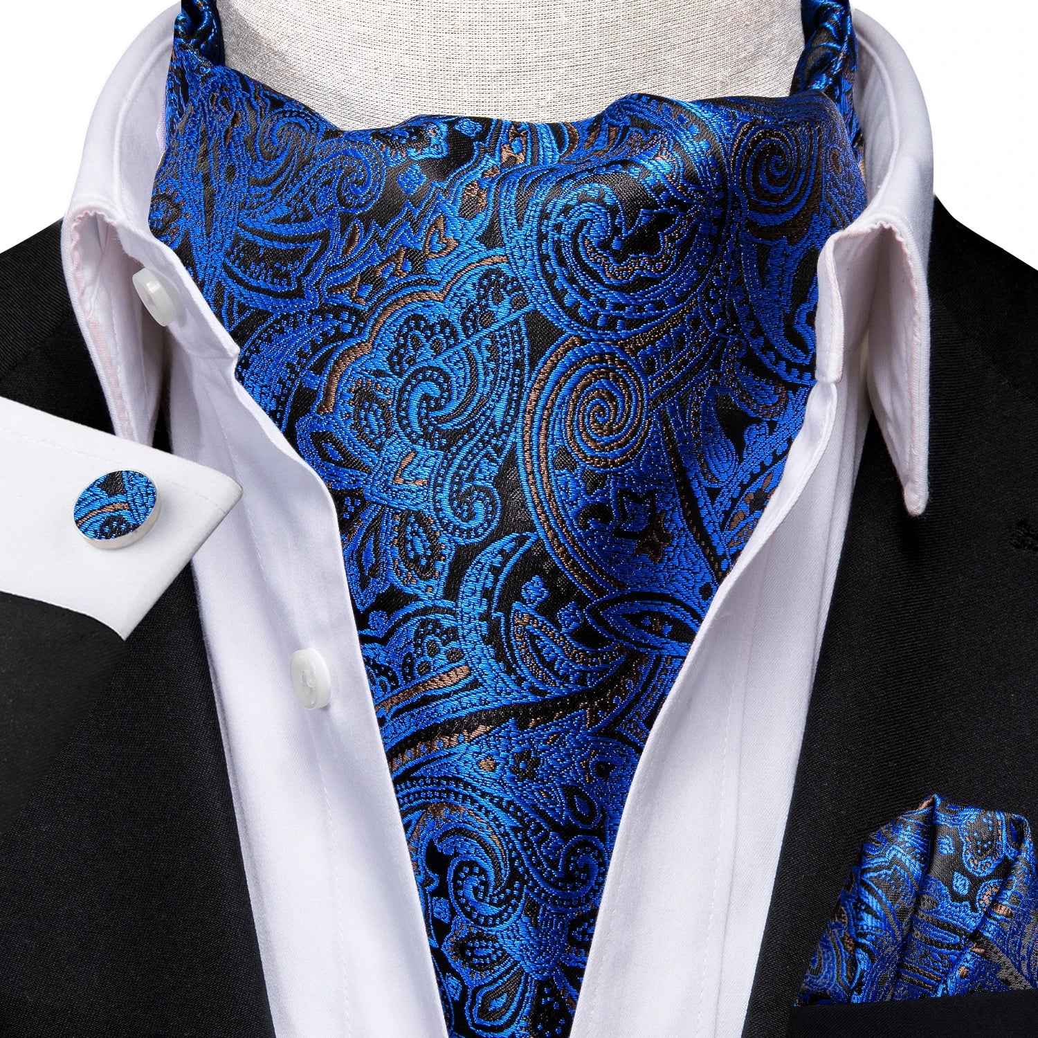 Hi-tie Silk Men's Ascot Pocket Square Cufflinks Jacquard Floral