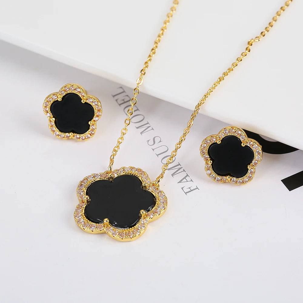 Trendy New Sweet Fashion Natural White Solid Five Leaf Petals Women Jewelry Set Necklace Earrings High Quality Gift Qme 4