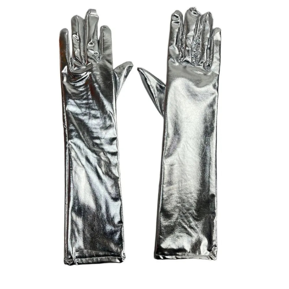 Simple Solid Color Patent Leather Gloves Elastic Shiny Long Gloves Sun Protection Lolita Women Mittens Halloween Cosplay Qme Silver