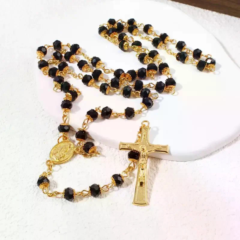 Retro Religion Belief Catholic Cross St. Benedict Black Gallstone Prayer Rosary Pendant Necklace Jewelry Gift Qme