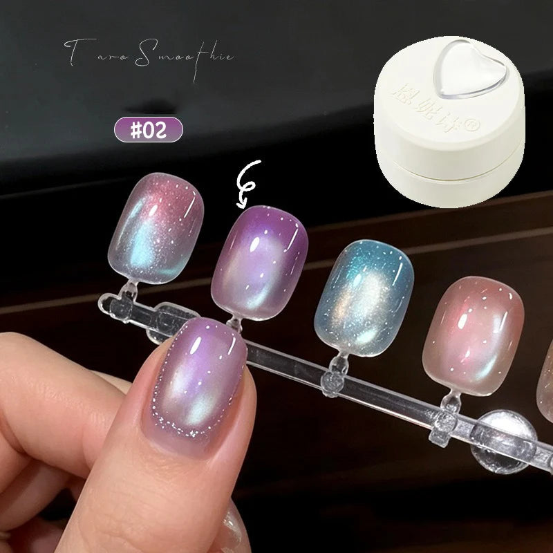New Cat Eye Nail Gel Polish Set, Taro Purple Milky Shimmer, Magnetic Aurora Glass Bead Effect, Long Lasting Soak Off UV LED Gel Qme 02