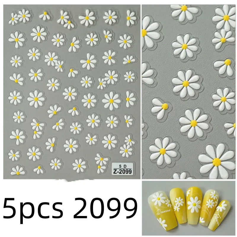 5D Flower Daisy Embossed Stickers Nail Sliders Decals Daisy White Florals Petals Flowers Back Glue Nail Sticker Decoration Qme 5pcs 2099